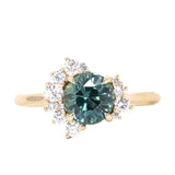 1.73ct Round Madagascar Teal Sapphire and Asymmetrical Diamond Cluster Ring in 14k Yellow Gold