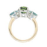 2.35ct Three Stone Australian Sapphire and Trapezoid Montana Sapphire Three Stone Ring in 14k Yellow and Platinum profile