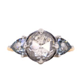 2.01ct Rosecut Salt & Pepper Diamond and Spinel Three Stone Antique Style Low Profile Ring in two-tone 18k Yellow and Platinum
