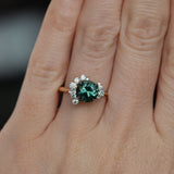 2.04ct Australian Teal Sapphire and Asymmetrical Diamond Cluster Ring in 14k Yellow and 14k White Gold on hand