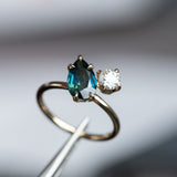 2.04ct Deep Teal Pear and Antique Old Mine Cut Diamond Ring in 14k Yellow Gold