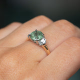 2.26ct Montana Sapphire and Trapezoid White Sapphire Low Profile Three Stone Ring in 14k Yellow Gold on hand