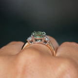 2.26ct Montana Sapphire and Trapezoid White Sapphire Low Profile Three Stone Ring in 14k Yellow Gold on hand