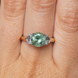 2.26ct Montana Sapphire and Trapezoid White Sapphire Low Profile Three Stone Ring in 14k Yellow Gold on hand