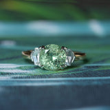 2.26ct Montana Sapphire and Trapezoid White Sapphire Low Profile Three Stone Ring in 14k Yellow Gold on hand