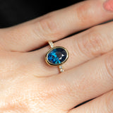 2.53ct Oval Blue Nigerian Sapphire Low Profile Bezel with French Set Diamonds 18k Yellow