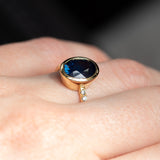 2.53ct Oval Blue Nigerian Sapphire Low Profile Bezel with French Set Diamonds 18k Yellow