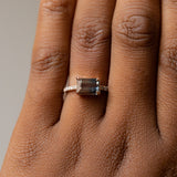 2.56ct Bicolor Sapphire Ombre East West 4-Prong Ring with white and salt & pepper side diamonds in 14k rose gold on hand