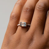 2.56ct Bicolor Sapphire Ombre East West 4-Prong Ring with white and salt & pepper side diamonds in 14k rose gold on hand