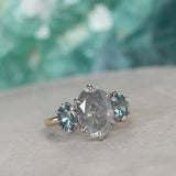 3.30ct Oval Grey Diamond and Montana Sapphire Three Stone Antique Style Low Profile Ring in two-tone 14k White and 14k Yellow Gold