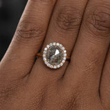 2.11ct Grey Oval Salt and Pepper Diamond and Low Profile Diamond Halo French Set Ring in 18k Yellow Gold