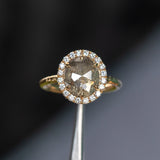 2.11ct Grey Oval Salt and Pepper Diamond and Low Profile Diamond Halo French Set Ring in 18k Yellow Gold