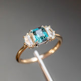 1.32ct Asscher Cut Sapphire and White Sapphire Three Stone Ring in Platinum & 14k Yellow Gold