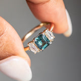 1.32ct Asscher Cut Sapphire and White Sapphire Three Stone Ring in Platinum & 14k Yellow Gold