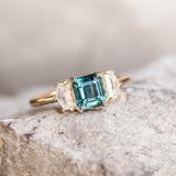 1.32ct Asscher Cut Sapphire and White Sapphire Three Stone Ring in Platinum & 14k Yellow Gold