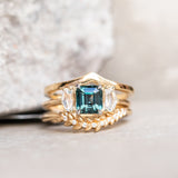 1.32ct Asscher Cut Sapphire and White Sapphire Three Stone Ring in Platinum & 14k Yellow Gold