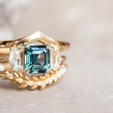 1.32ct Asscher Cut Sapphire and White Sapphire Three Stone Ring in Platinum & 14k Yellow Gold