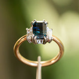 2.20ct Modified Radiant Australian Sapphire Double Prong Three Stone Ring with Baguette Diamonds in Platinum & 18k Yellow Gold