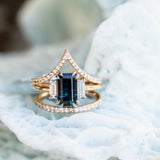 2.20ct Modified Radiant Australian Sapphire Double Prong Three Stone Ring with Baguette Diamonds in Platinum & 18k Yellow Gold