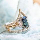 2.20ct Modified Radiant Australian Sapphire Double Prong Three Stone Ring with Baguette Diamonds in Platinum & 18k Yellow Gold