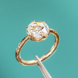 8.5mm Rosecut Moissanite 6-Prong Low Profile Ring with Carved Evergreen Band in 14K Yellow Gold