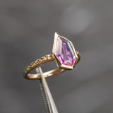 1.25ct Elongated Geo Slice Pink Sapphire Evergreen Low Profile Bezel Solitaire Ring in 14k Yellow Gold