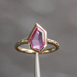 1.25ct Elongated Geo Slice Pink Sapphire Evergreen Low Profile Bezel Solitaire Ring in 14k Yellow Gold