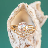 8.5mm Rosecut Moissanite 6-Prong Low Profile Ring with Carved Evergreen Band in 14K Yellow Gold