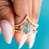 1.47ct Radiant Opalescent Teal Sapphire and White Sapphire Three Stone Ring in 14k Yellow Gold
