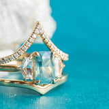 1.47ct Radiant Opalescent Teal Sapphire and White Sapphire Three Stone Ring in 14k Yellow Gold