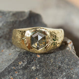 2.96ct Green Hexagon Rosecut Diamond Evergreen Signet in Hand Carved 18k Yellow Gold