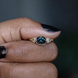 1.69ct Oval Nigerian Sapphire East-West and Trillion Diamond Three Stone Antique Milgrain Low Profile Ring in 18k Yellow Gold