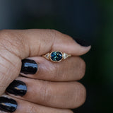 1.69ct Oval Nigerian Sapphire East-West and Trillion Diamond Three Stone Antique Milgrain Low Profile Ring in 18k Yellow Gold