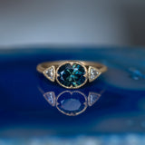 1.69ct Oval Nigerian Sapphire East-West and Trillion Diamond Three Stone Antique Milgrain Low Profile Ring in 18k Yellow Gold