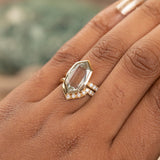 4.19ct Untreated Hexagon Portrait Cut "Seaglass" Colored Sapphire Bezel Set and Asymmetrical Diamond Ring with Curved Diamond Band In 18k Yellow Gold
