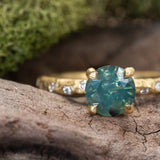 1.39ct Silky Sapphire Evergreen Four-Prong and Scattered Diamond Solitaire in Satin 18k Yellow Gold