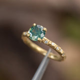 1.39ct Silky Sapphire Evergreen Four-Prong and Scattered Diamond Solitaire in Satin 18k Yellow Gold