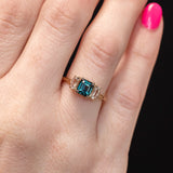 1.32ct Asscher Cut Sapphire and White Sapphire Three Stone Ring in Platinum & 14k Yellow Gold