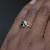 0.88ct Teal Blue Green Parti Pear Sapphire Pointed Vine Prong Set Ring in 14k yellow gold