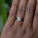 Old European Cut Moissanite and Tsavorite Garnet Three Stone Ring in 14k Yellow Gold