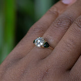 Old European Cut Moissanite and Tsavorite Garnet Three Stone Ring in 14k Yellow Gold