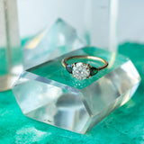 Old European Cut Moissanite and Tsavorite Garnet Three Stone Ring in 14k Yellow Gold