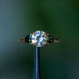 Old European Cut Moissanite and Tsavorite Garnet Three Stone Ring in 14k Yellow Gold