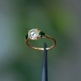 Old European Cut Moissanite and Tsavorite Garnet Three Stone Ring in 14k Yellow Gold