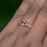 1.19ct East-West Radiant cut Pink Zircon and Champagne Diamond Low Profile Satin Flat Band Ring in 14k Yellow Gold