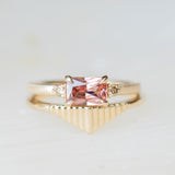 1.19ct East-West Radiant cut Pink Zircon and Champagne Diamond Low Profile Satin Flat Band Ring in 14k Yellow Gold
