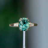 3.05ct Fancy Cushion Color-Shifting Sapphire Double Prong Vintage Cathedral Ring in 14k Yellow Gold