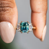 4.14ct Emerald Cut Sapphire and Cadillac White Sapphire Three Stone Ring in 14k Yellow Gold