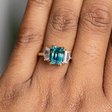 4.14ct Emerald Cut Sapphire and Cadillac White Sapphire Three Stone Ring in 14k Yellow Gold