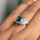 4.14ct Emerald Cut Sapphire and Cadillac White Sapphire Three Stone Ring in 14k Yellow Gold